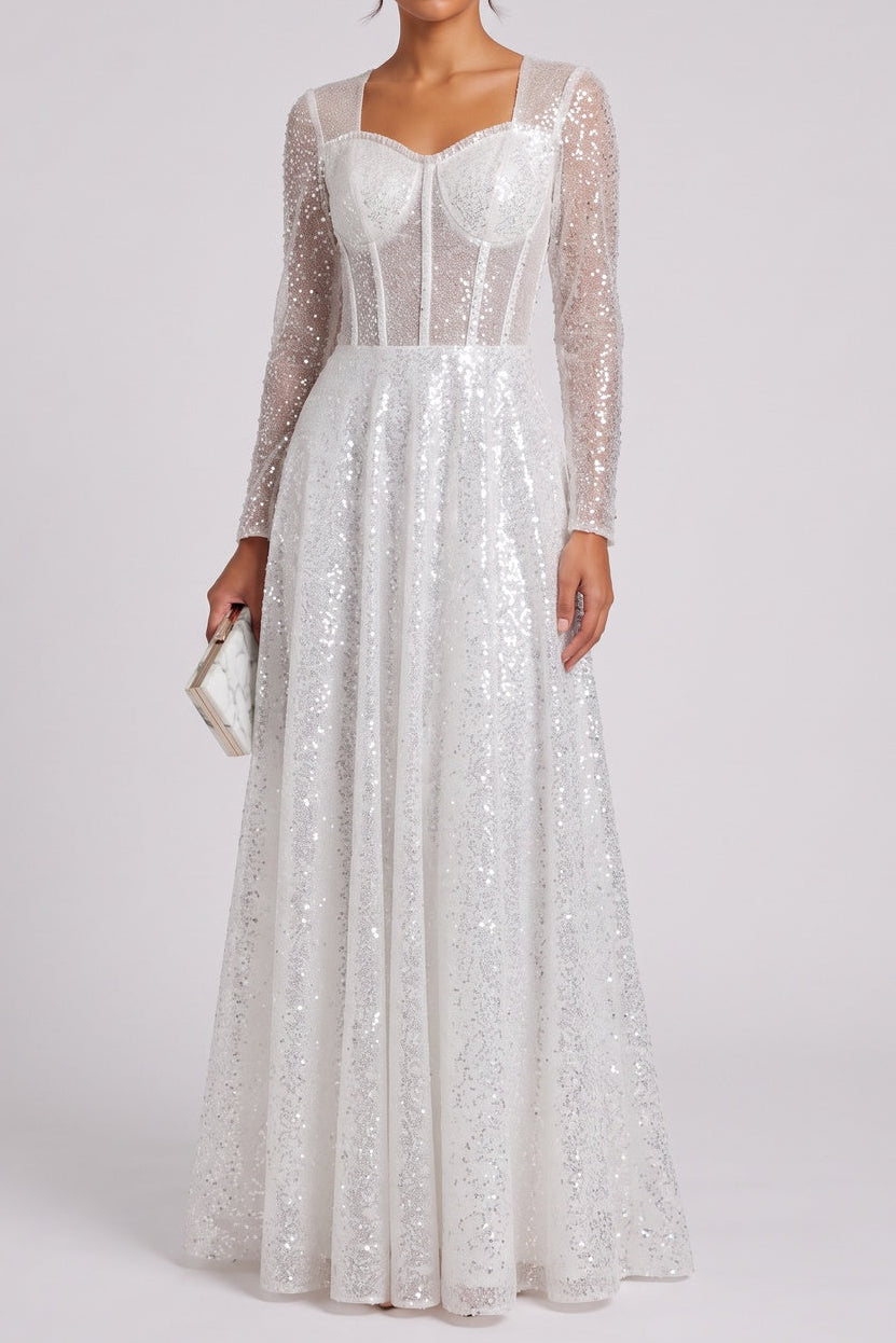 WHITE SEQUIN TULLE A-LINE PROM GOWN