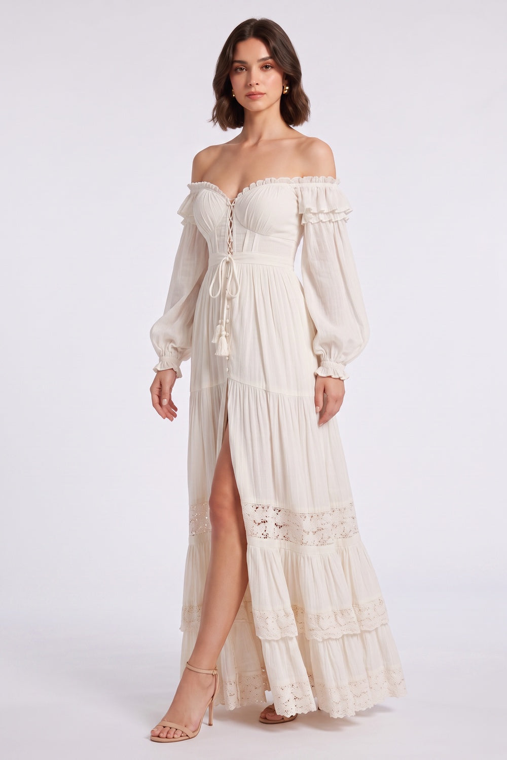 7f75ed084518c2da CREAM OFF-SHOULDER TIERED LACE MAXI DRESS