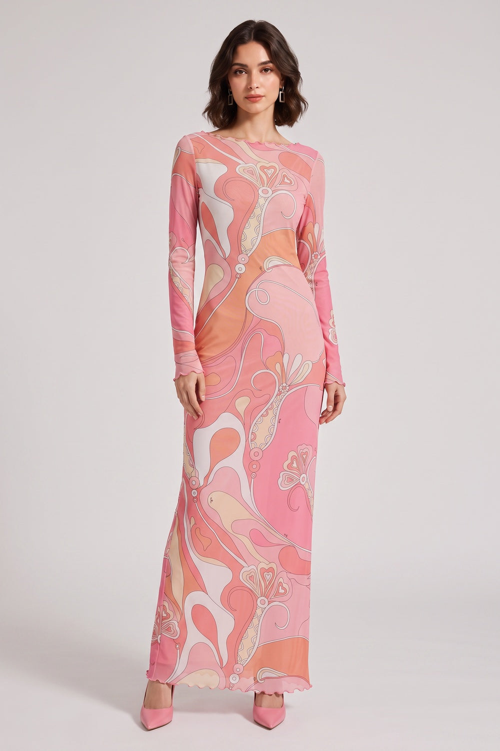 7f90ee224d091957 PINK ABSTRACT RUFFLE TRIM LONG SLEEVE MAXI DRESS