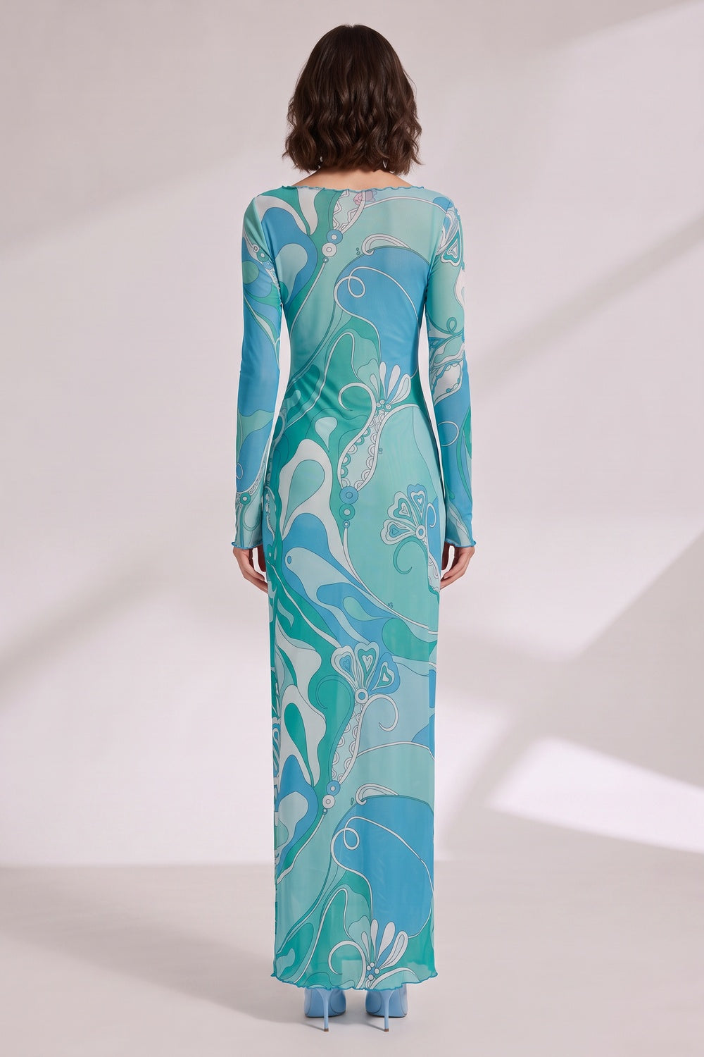 7fb3b45327a4134b ABSTRACT WAVE PRINT MAXI DRESS TEAL BLUE