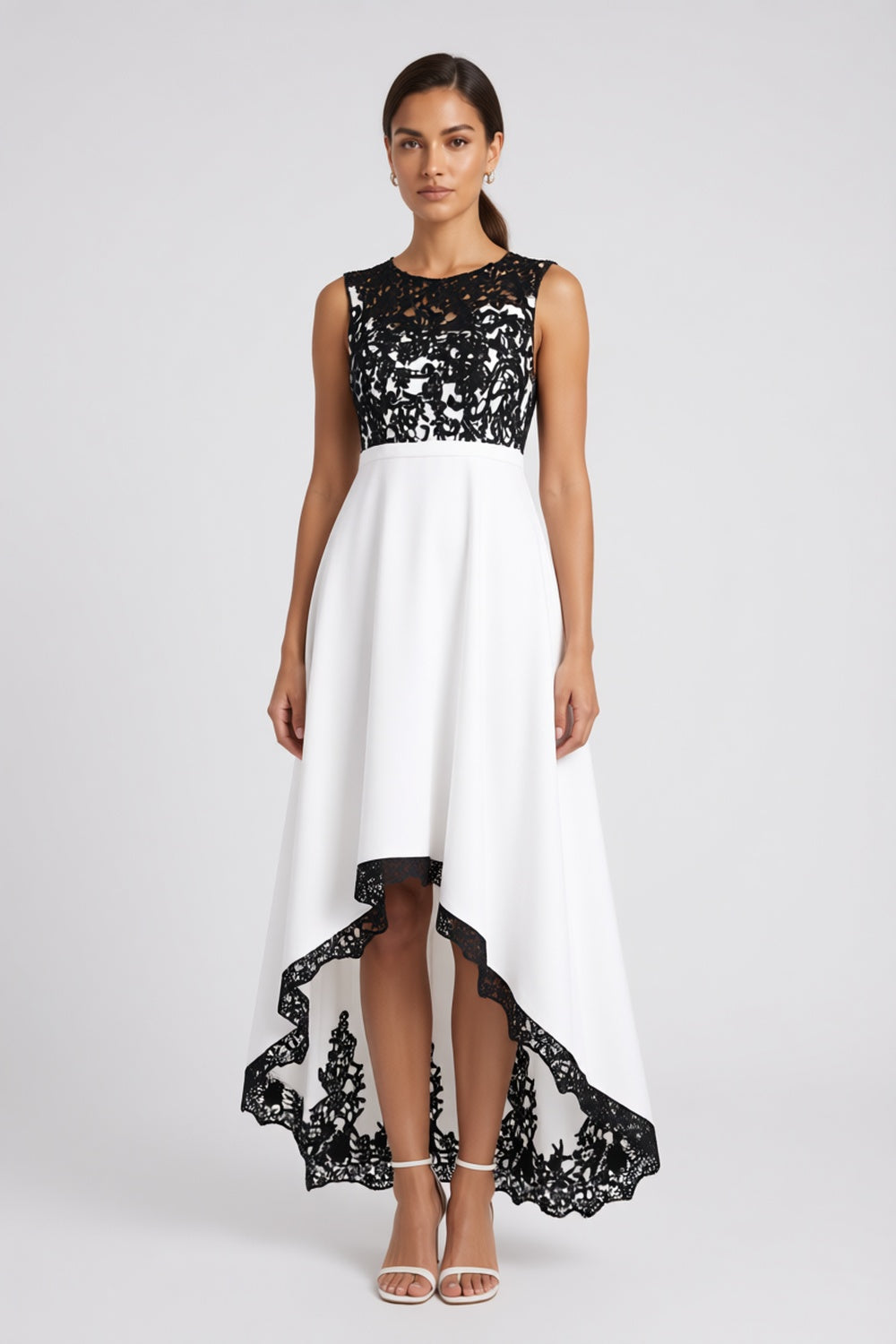 802e1e5362e4d12b FLORAL LACE HIGH-LOW A-LINE EVENING DRESS