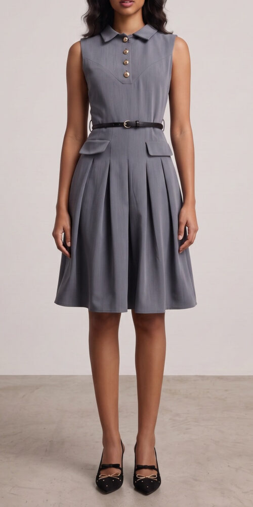 809eaeda6c5efe37 COLLARED SLEEVELESS BELTED PLEATED MIDI SHIRT DRESS