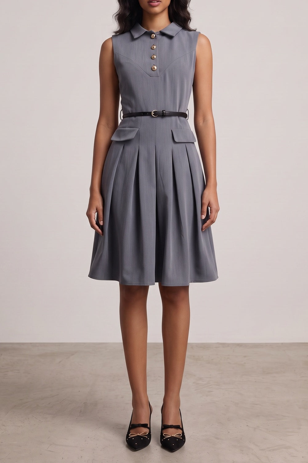 809eaeda6c5efe37 COLLARED SLEEVELESS BELTED PLEATED MIDI SHIRT DRESS