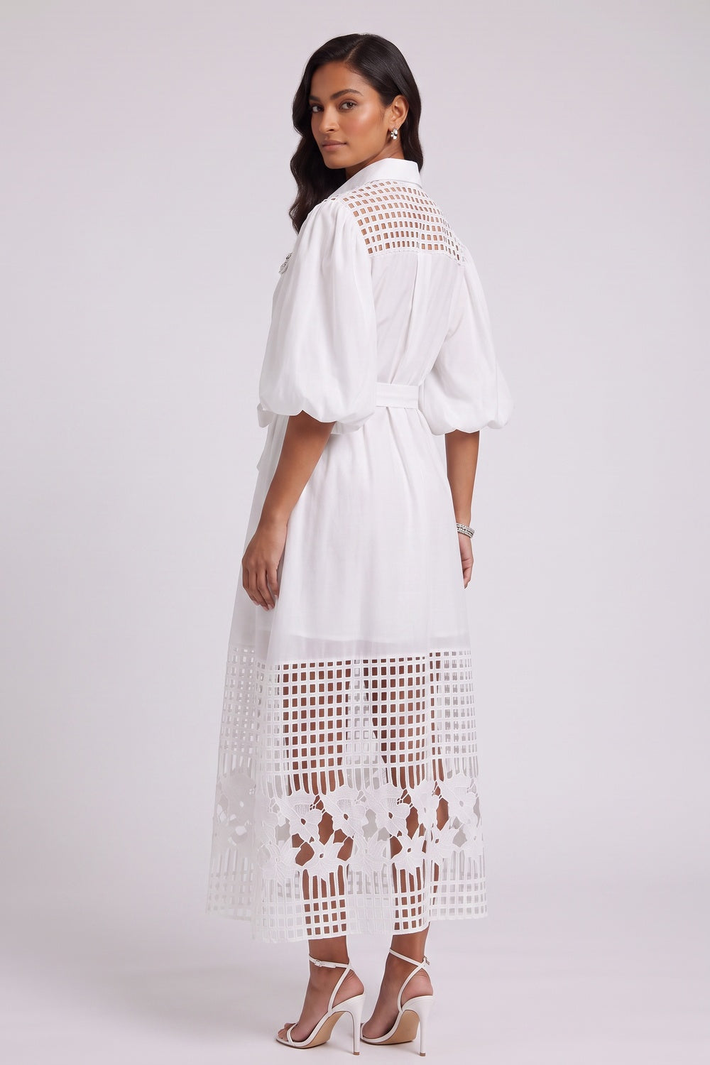 80a244a9e6e8e570 WHITE LACE PUFF SLEEVE A-LINE SHIRT DRESS