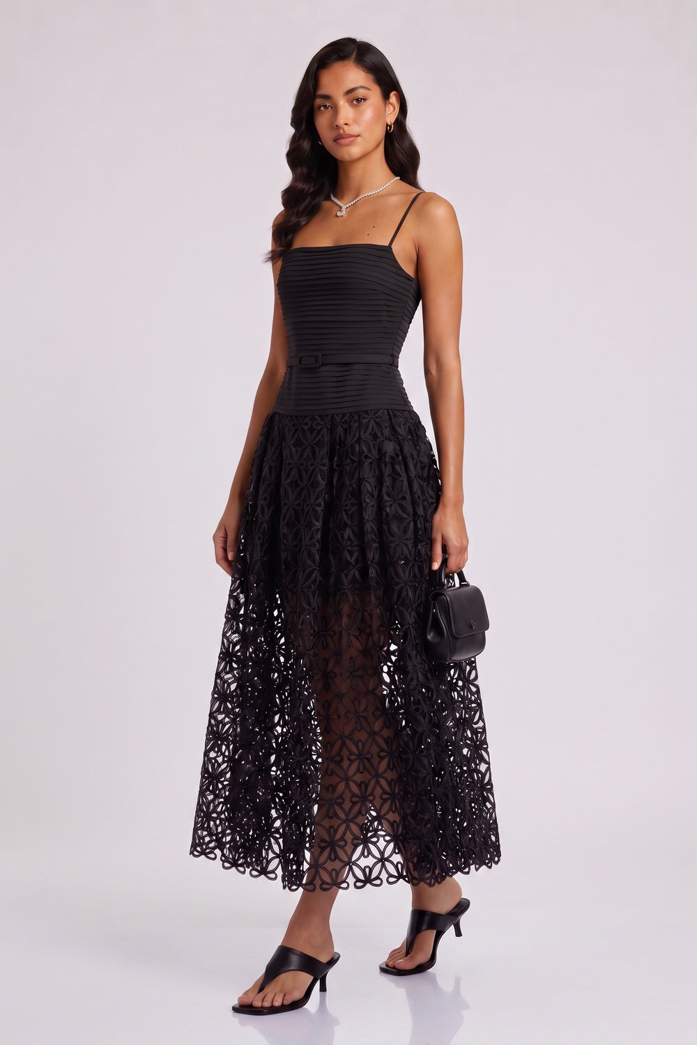 80ac9a060943d4b1 BLACK LACE MIDI DRESS, SPAGHETTI STRAP PLEATED BODICE, FLORAL CUTOUT