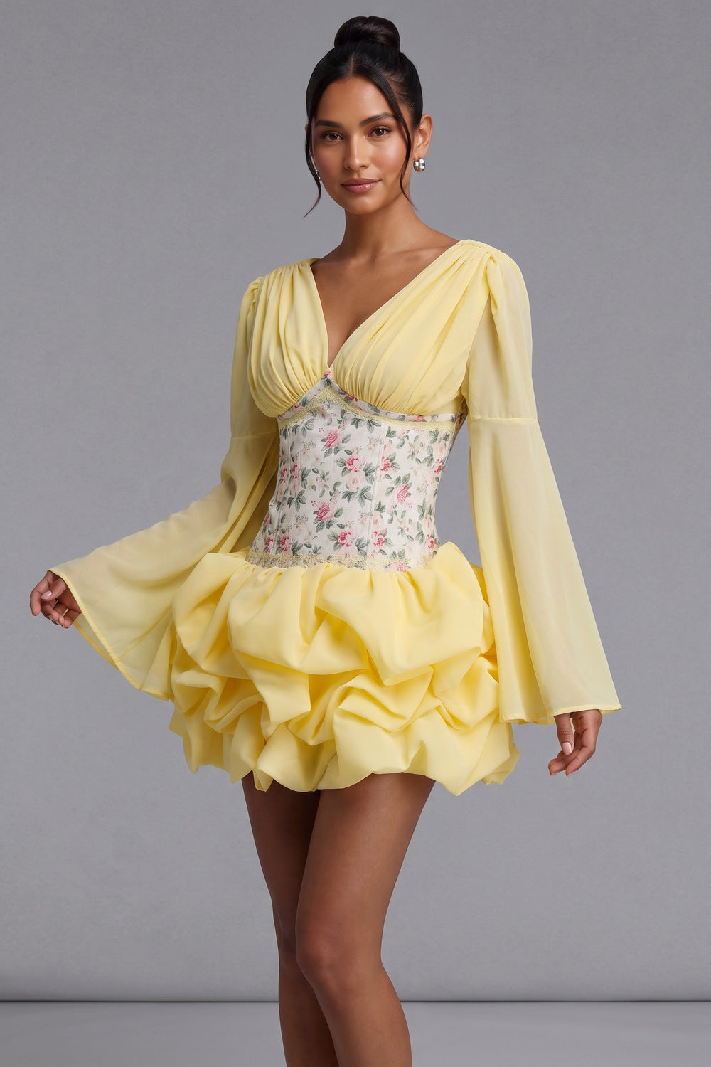80b9f383555198d1 PASTEL YELLOW CORSET FIT-FLARE CHIFFON MINI DRESS