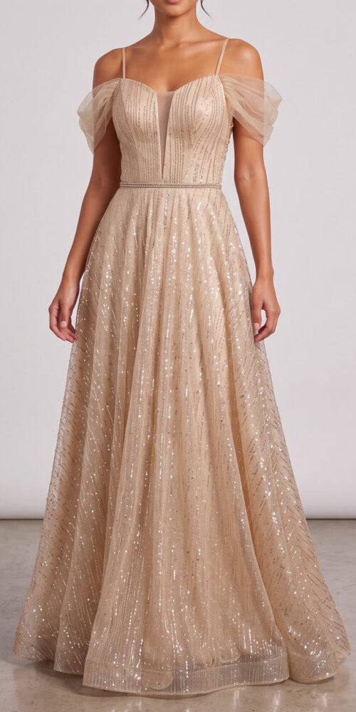 80be94d80f793bef CHAMPAGNE GLITTER TULLE A-LINE EVENING GOWN