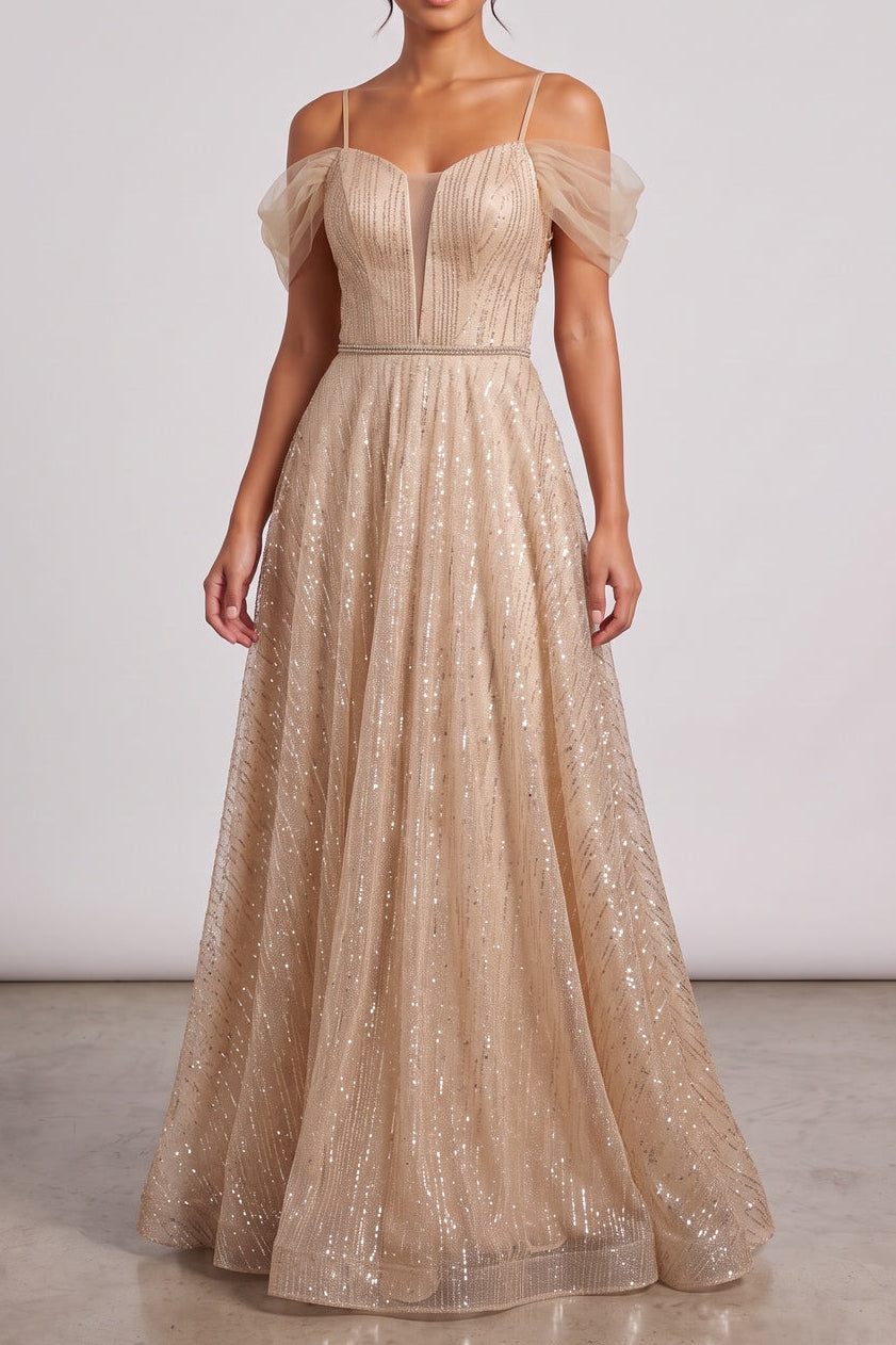 80be94d80f793bef CHAMPAGNE GLITTER TULLE A-LINE EVENING GOWN