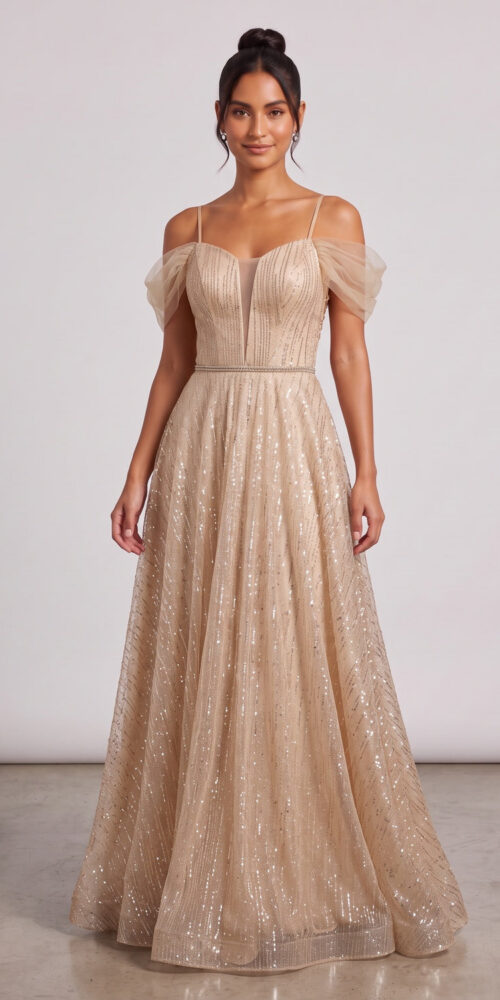 80be94d80f793bef CHAMPAGNE GLITTER TULLE A-LINE EVENING GOWN