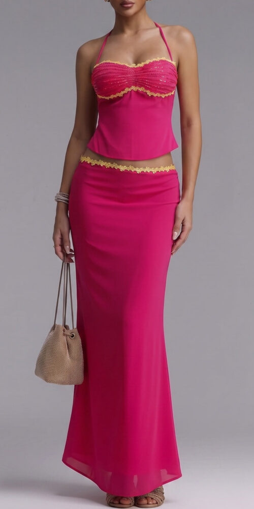 81c2deece7468d57 HOT PINK BEADED HALTER TOP & MERMAID MAXI SKIRT SET