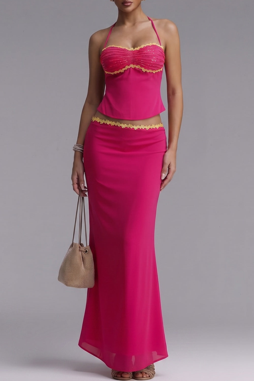 HOT PINK BEADED HALTER TOP & MERMAID MAXI SKIRT SET