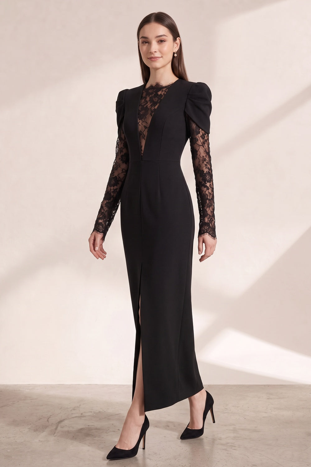 82132bc8a315079c BLACK LACE COLUMN DRESS, STRUCTURED CREPE, COCKTAIL