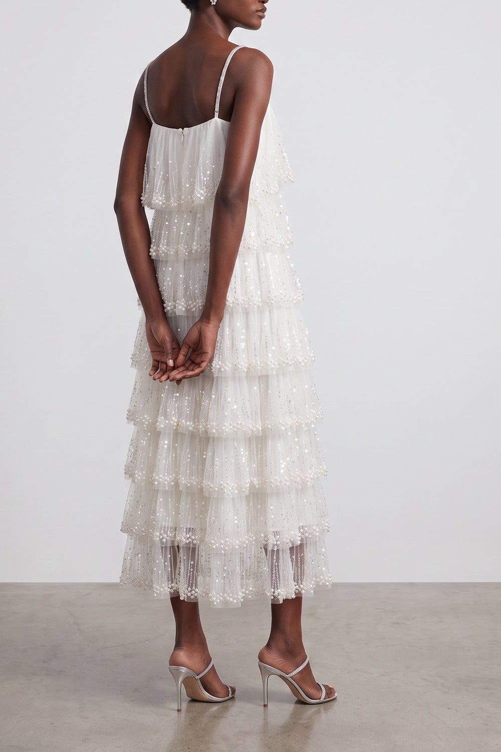 824ab2ed0c57f899 SPARKLE TIERED TULLE MIDI DRESS, SPAGHETTI STRAP COCKTAIL