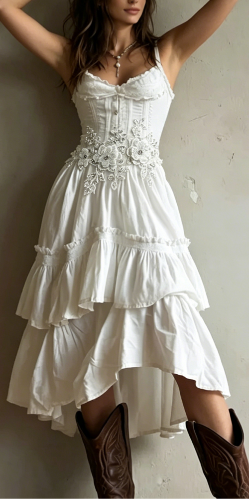 CORSET LACE TRIM TIERED MIDI DRESS