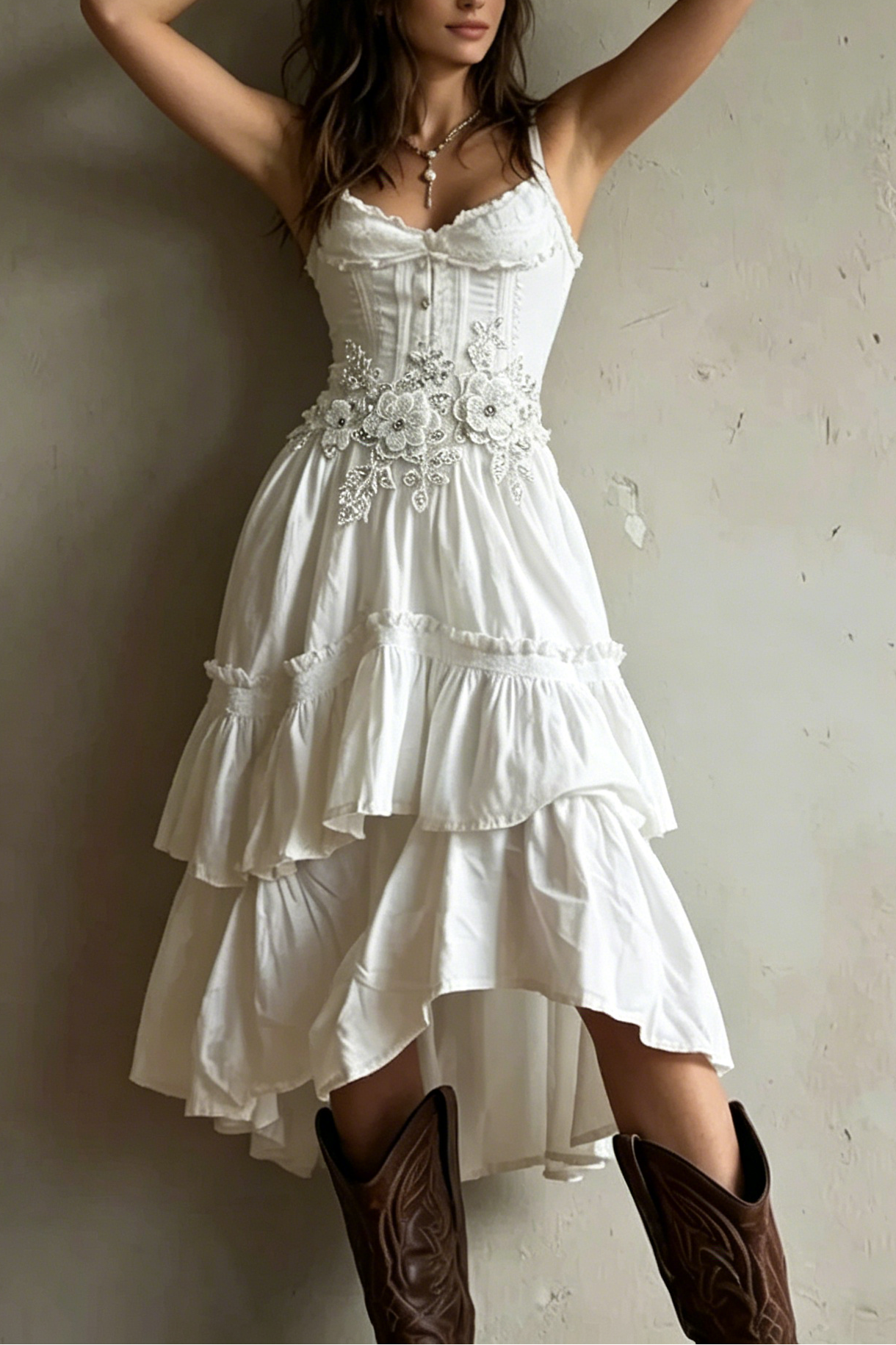 82992ca3848a744b6208da2704f45d54 CORSET LACE TRIM TIERED MIDI DRESS