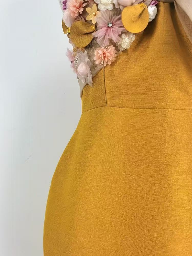 3D FLORAL SATIN BODYCON MIDI DRESS