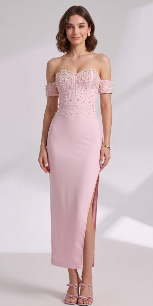 82c9ea5d61a0d665 LIGHT PINK PEARL SHEATH DRESS | STRUCTURED CREPE COCKTAIL
