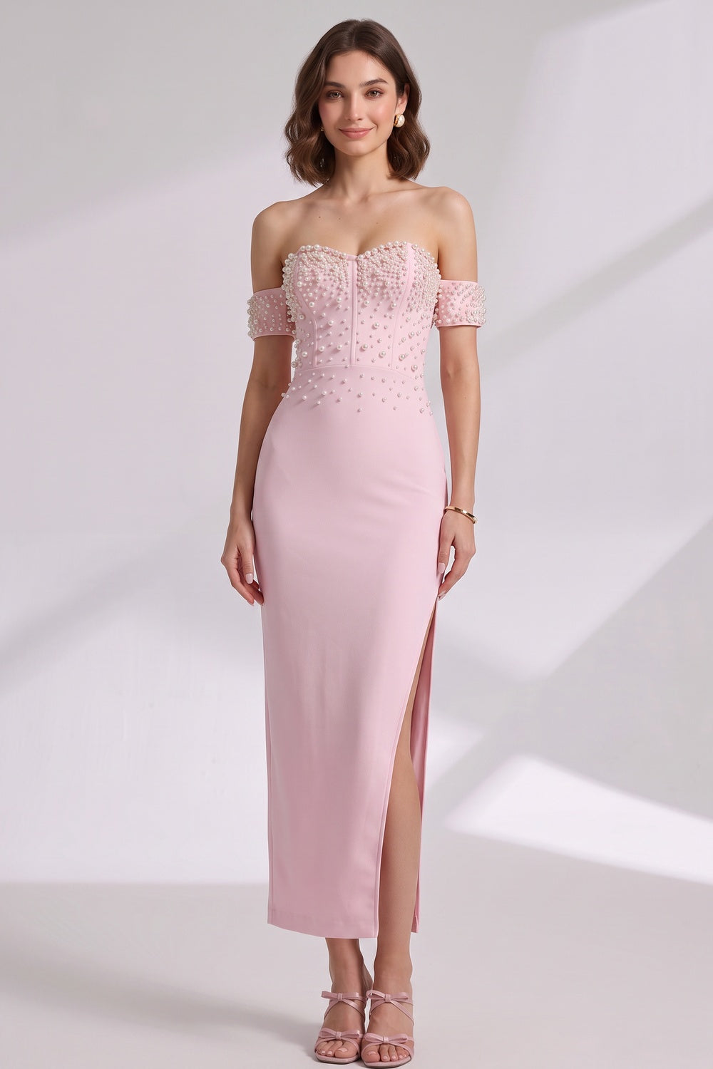 82c9ea5d61a0d665 LIGHT PINK PEARL SHEATH DRESS | STRUCTURED CREPE COCKTAIL