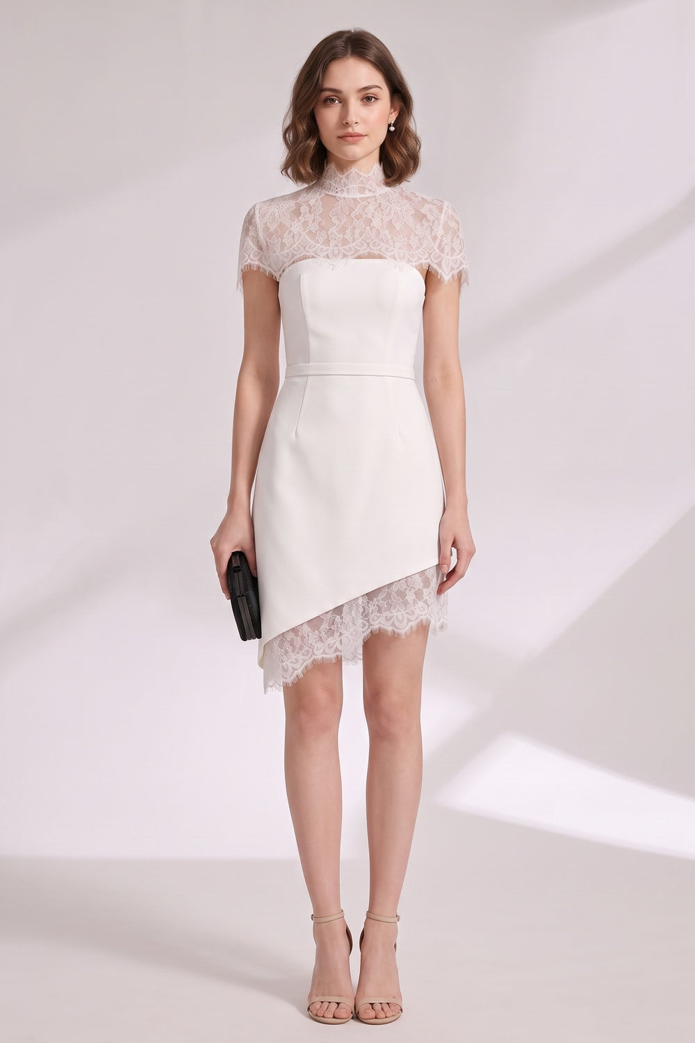 82cd6e7f122a8f0a WHITE FITTED SHEATH DRESS LACE OVERLAY STRUCTURED CREPE