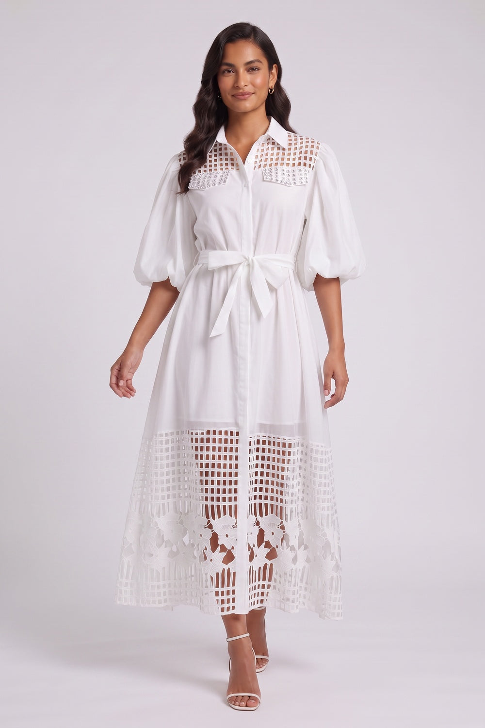 82d9e83e9d01350f WHITE LACE PUFF SLEEVE A-LINE SHIRT DRESS
