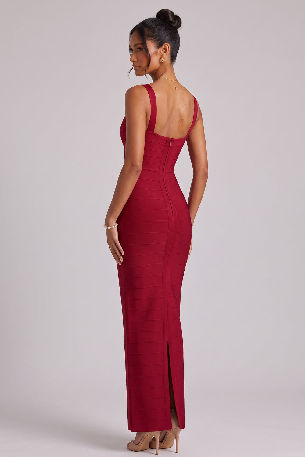 8301d44cdf434346 BURGUNDY SLEEVELESS BANDAGE MIDI DRESS FOR PARTY