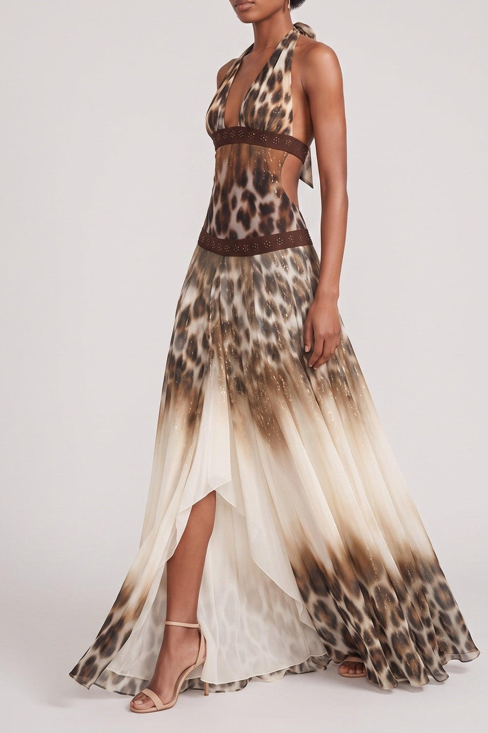 HALTER LEOPARD MAXI DRESS BEADED SPLIT EVENING