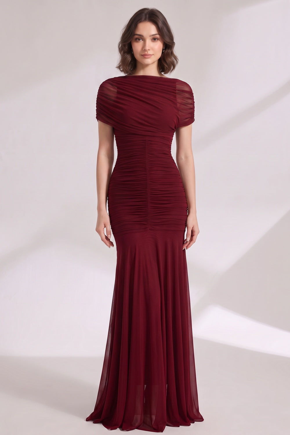 BURGUNDY MERMAID MESH EVENING GOWN