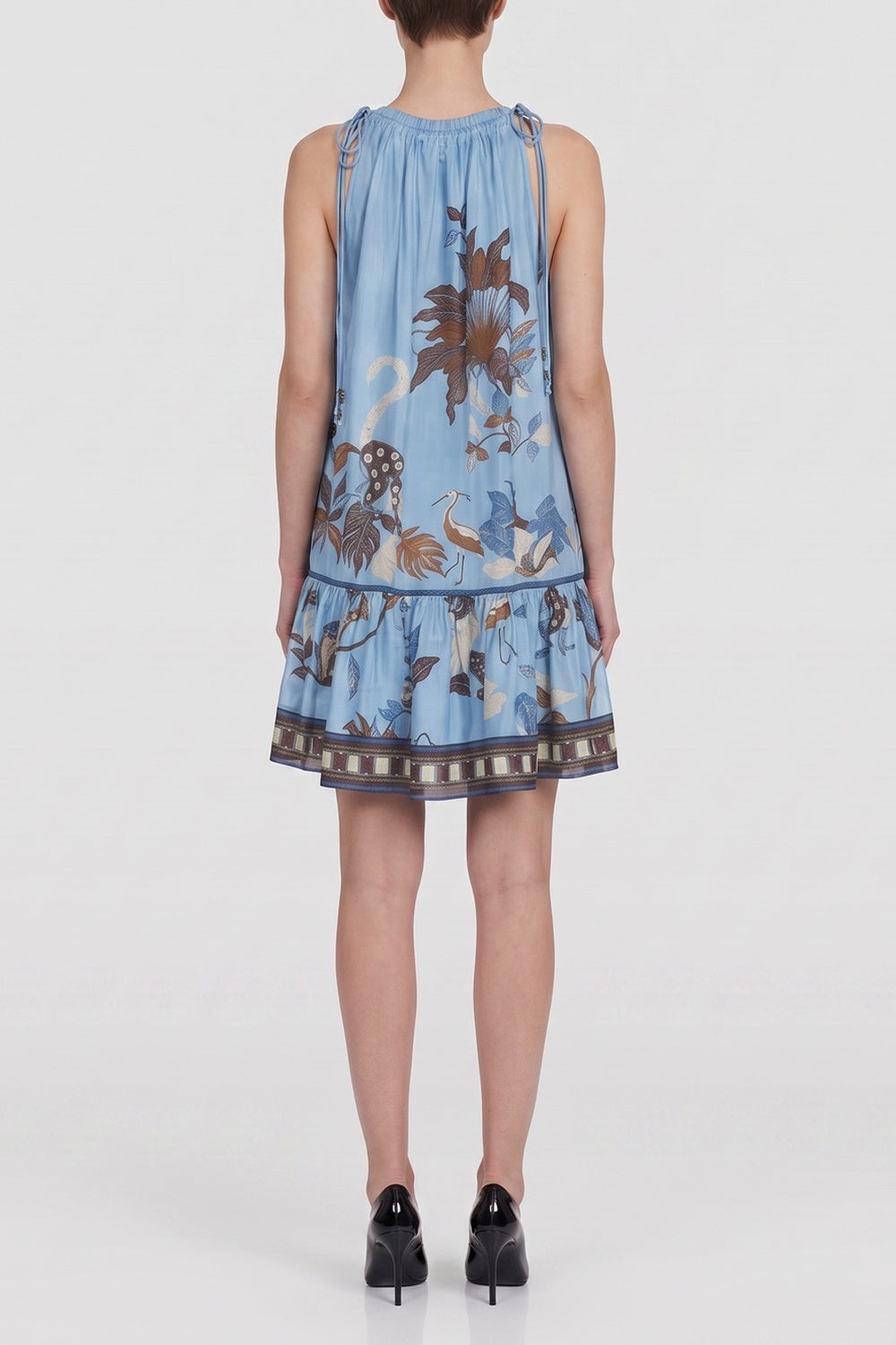 TIE HALTER JUNGLE PRINT RUFFLE MINI DRESS