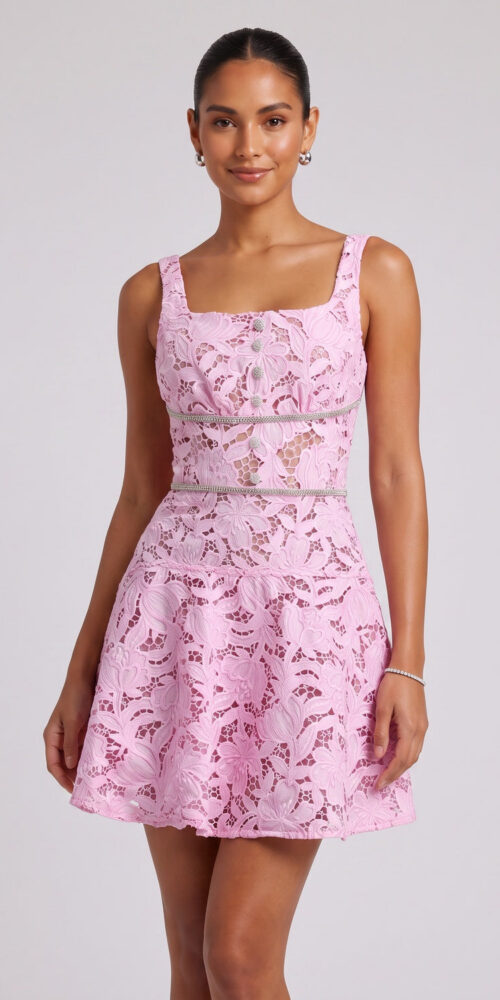 LIGHT PINK LACE FIT-AND-FLARE MINI DRESS