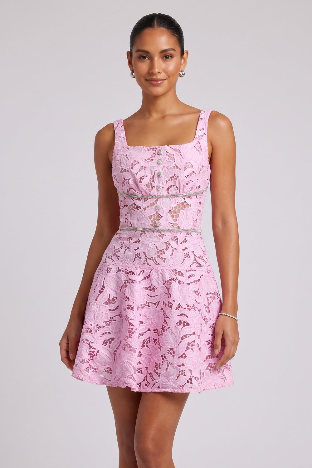 LIGHT PINK LACE FIT-AND-FLARE MINI DRESS