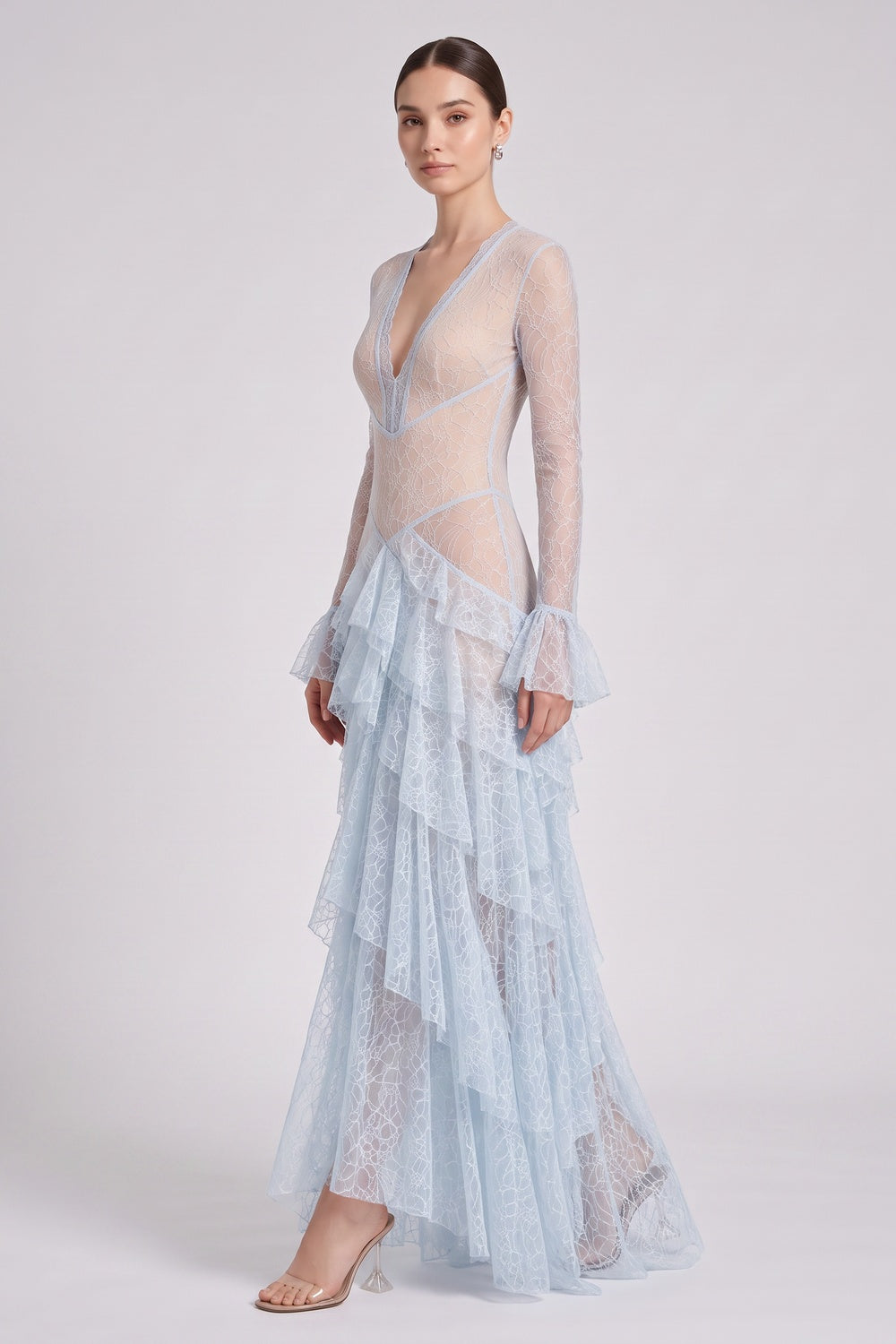 842acb6c9b86af19 LIGHT BLUE LACE TIERED A-LINE GOWN FOR WEDDING GUEST