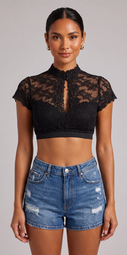 8471f89f664210ea BLACK LACE FITTED CROP TOP FLORAL PARTY WEAR