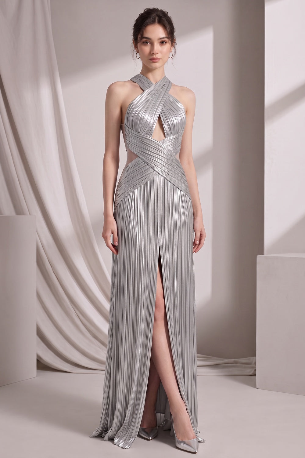 848d36ade6185aeb SILVER METALLIC PLISSE COLUMN GOWN EVENING