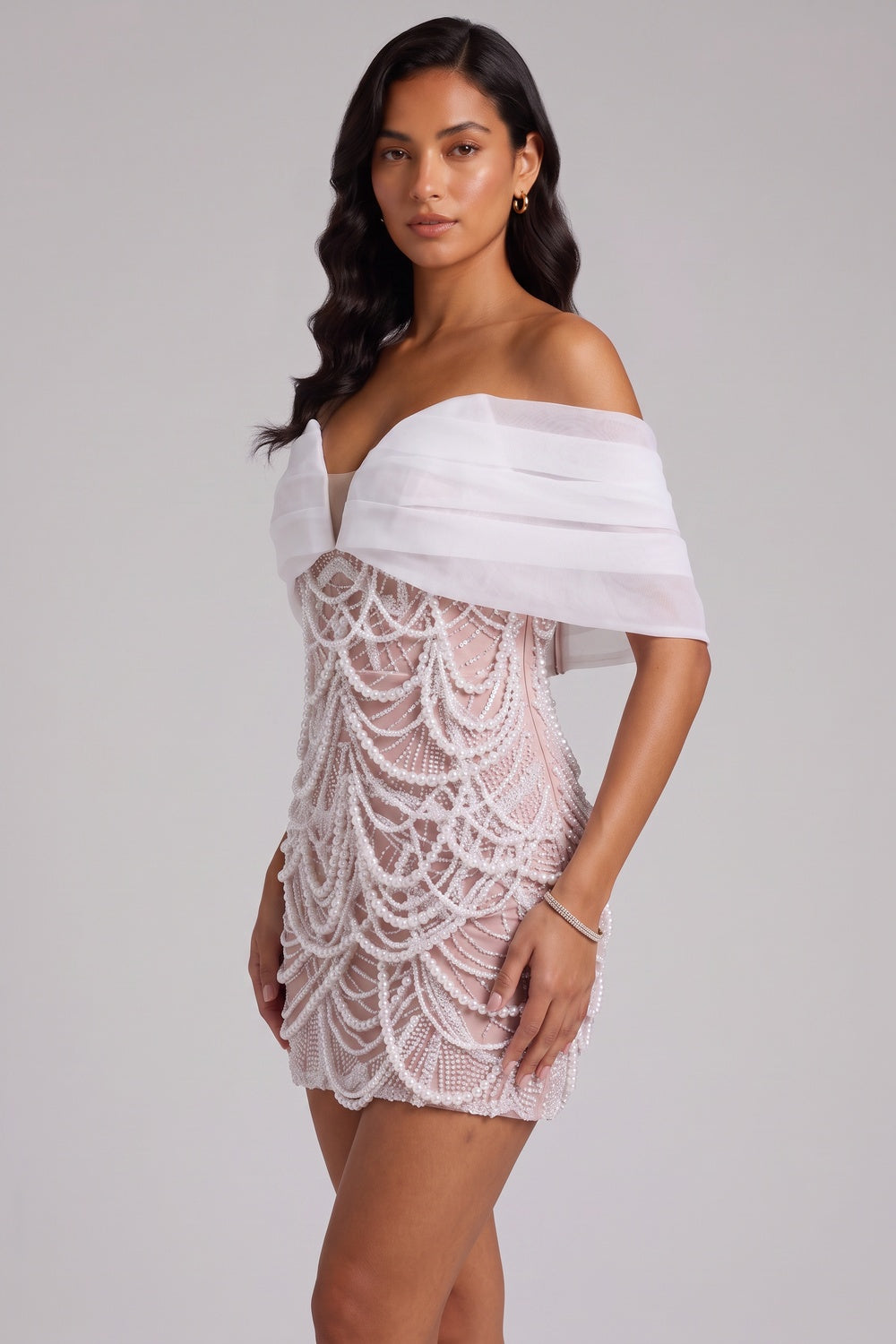 84a7ed809c2dbde6 OFF SHOULDER ORGANZA PEARL MINI BODYCON DRESS