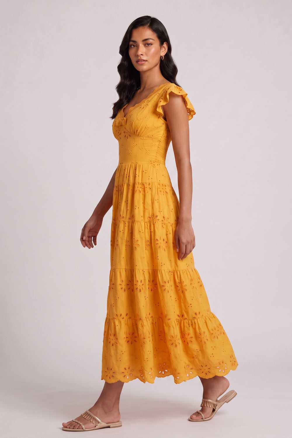 857beb0e57da2e7c SCALLOP V-NECK RUFFLE SLEEVE EYELET TIERED MIDI DRESS