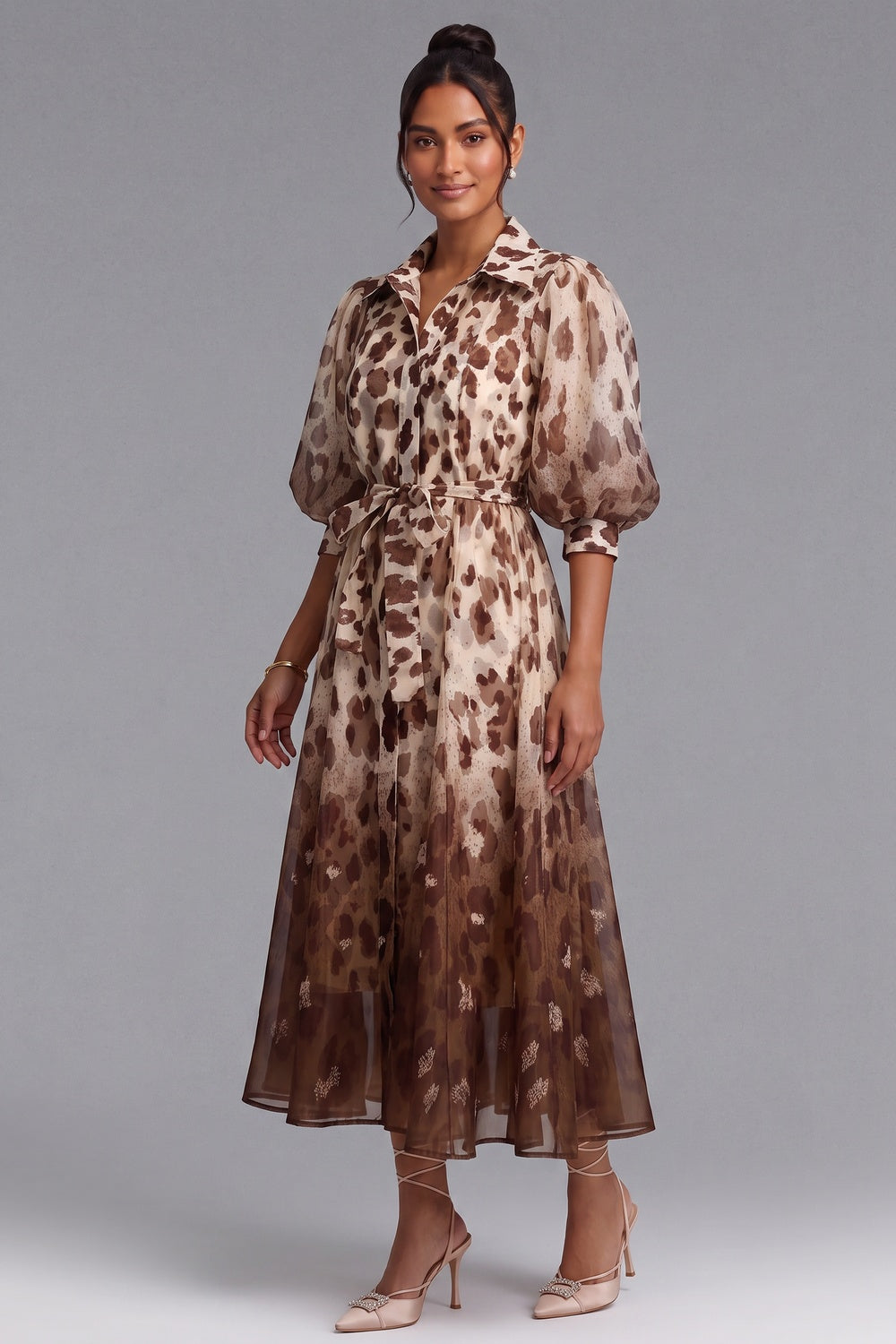 85a48bb5e109524f OMBRE LEOPARD PUFF SLEEVE MIDI SHIRT DRESS