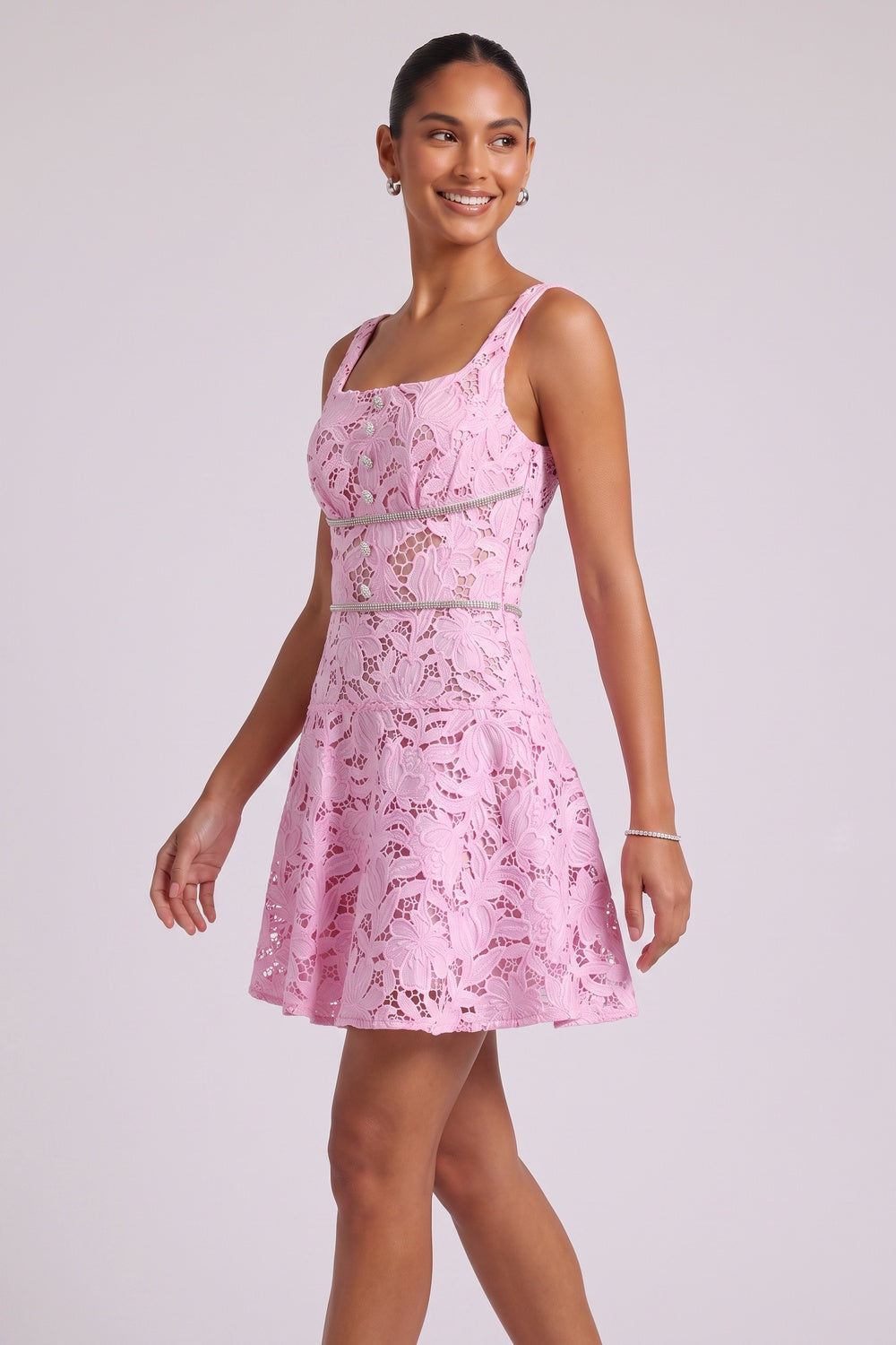 LIGHT PINK LACE FIT-AND-FLARE MINI DRESS