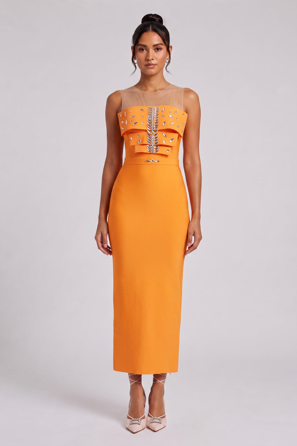 ORANGE RUFFLE MIDI DRESS FOR WEDDING GUEST
