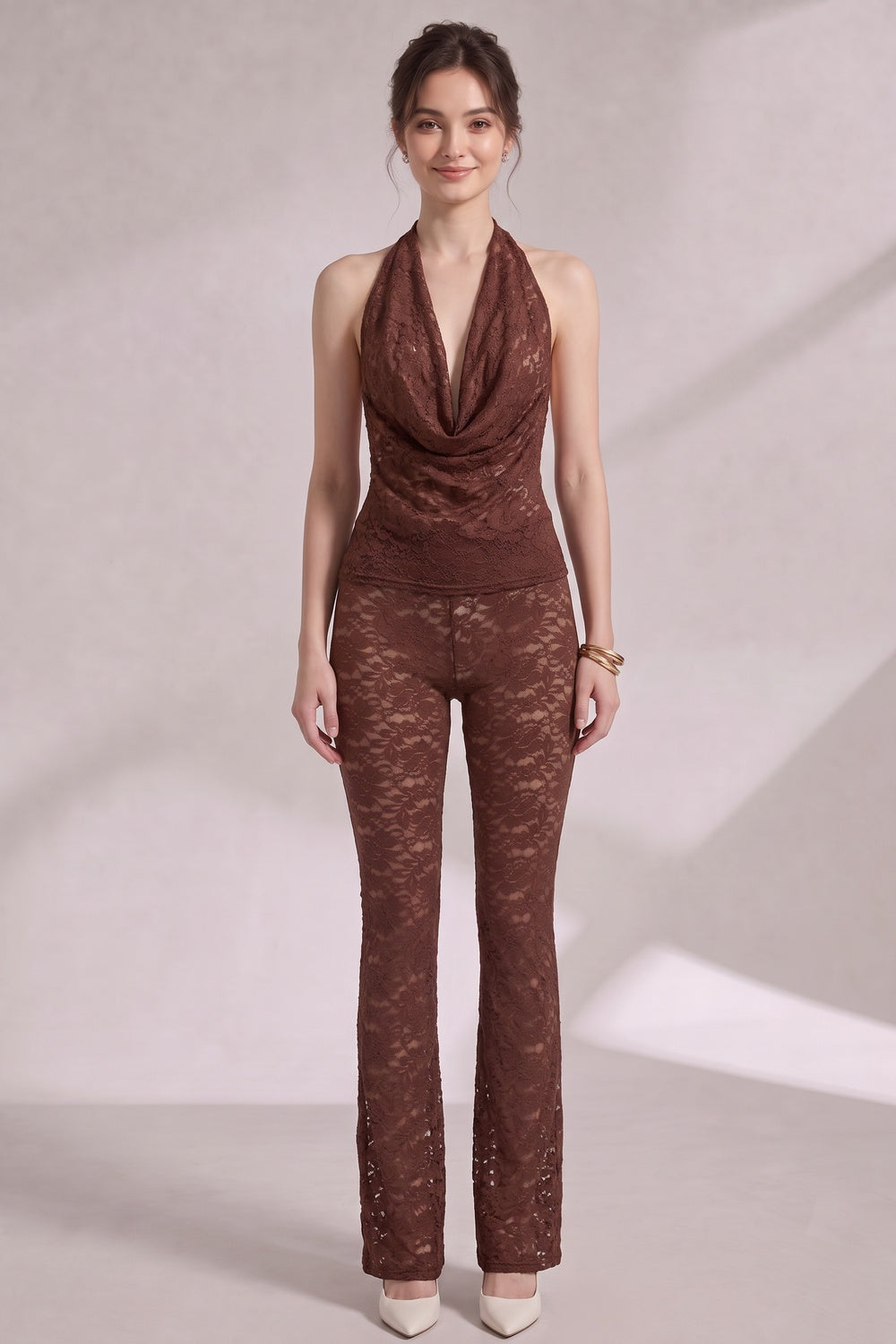 85e29f4e1434c76d CHOCOLATE BROWN LACE HALTER COWL NECK TOP & FLARED PANTS SET