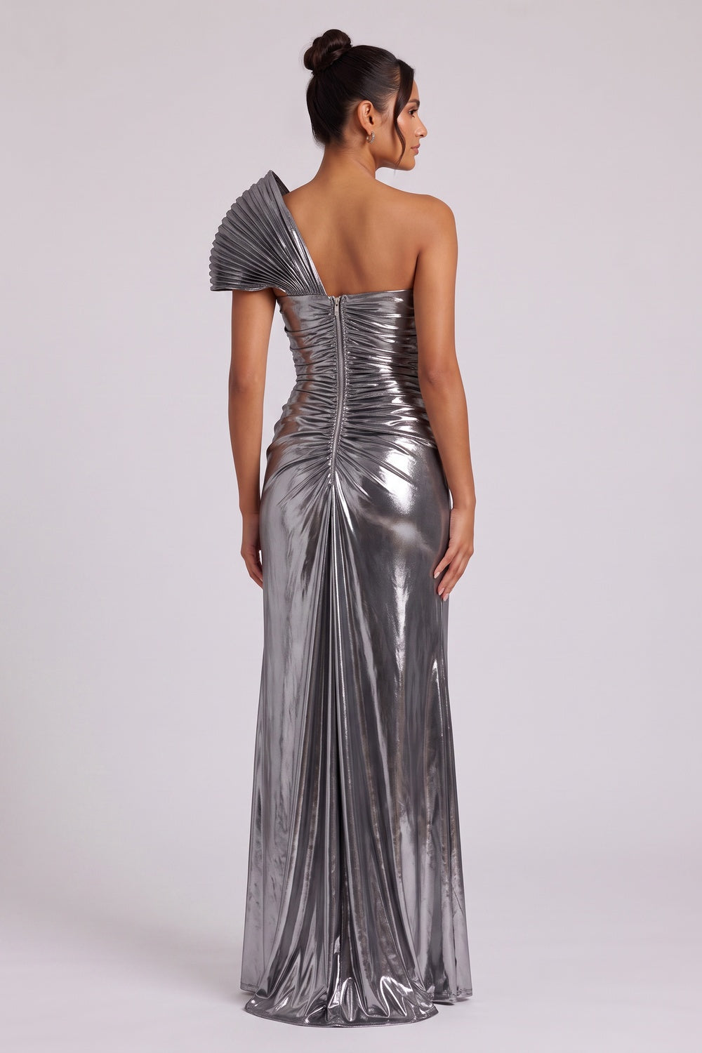 8656bcb3b54526e9 SILVER ONE-SHOULDER DRAPED MAXI DRESS FOR EVENING