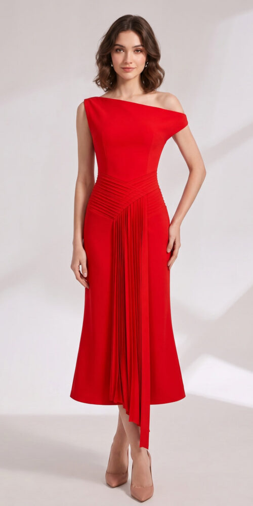 869e5c1205b9cece RED CREPE FIT-FLARE DRESS - WEDDING GUEST