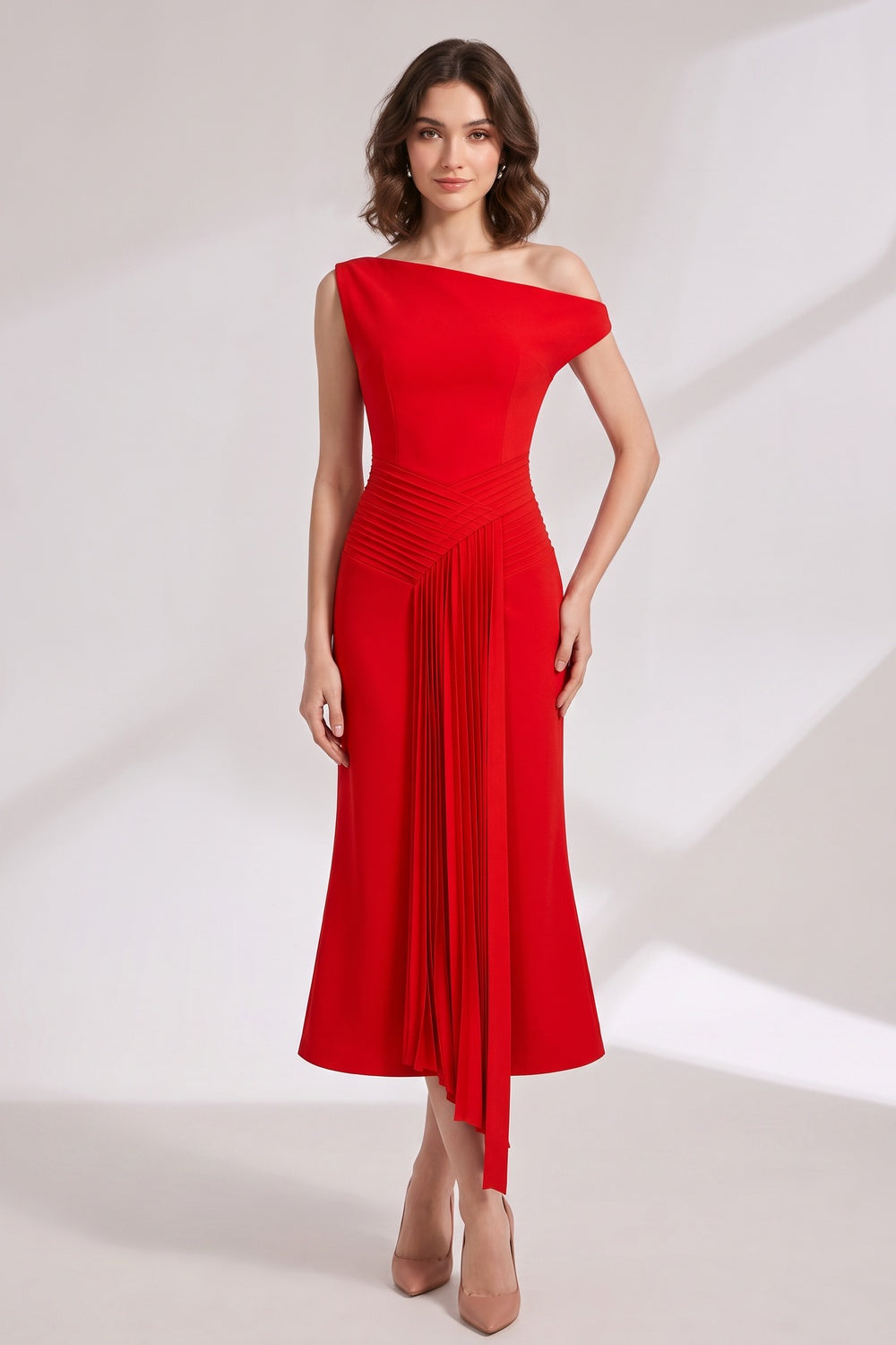 869e5c1205b9cece RED CREPE FIT-FLARE DRESS - WEDDING GUEST