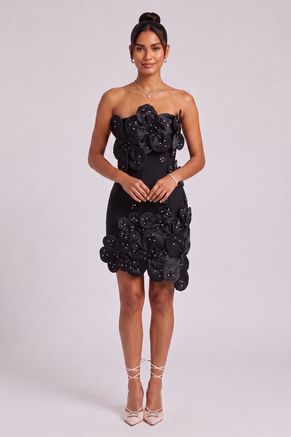 87045fcbd8770681 BLACK 3D FLORAL CREPE MINI DRESS, STRUCTURED PARTY
