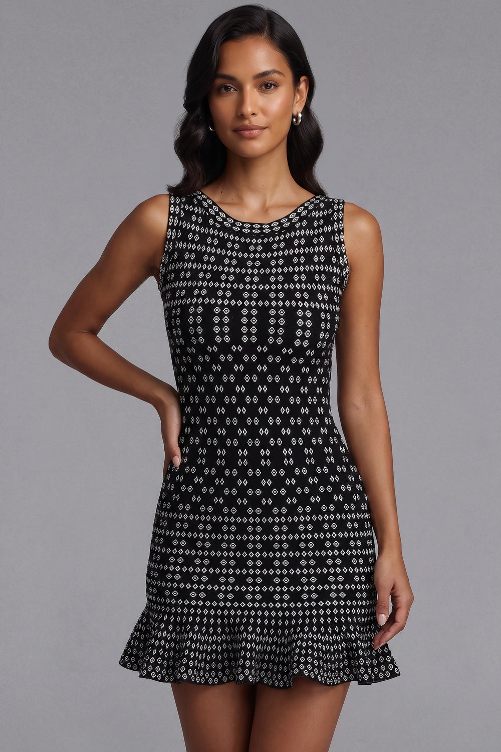 870c4285dad88328 BLACK JACQUARD KNIT FIT-AND-FLARE COCKTAIL DRESS