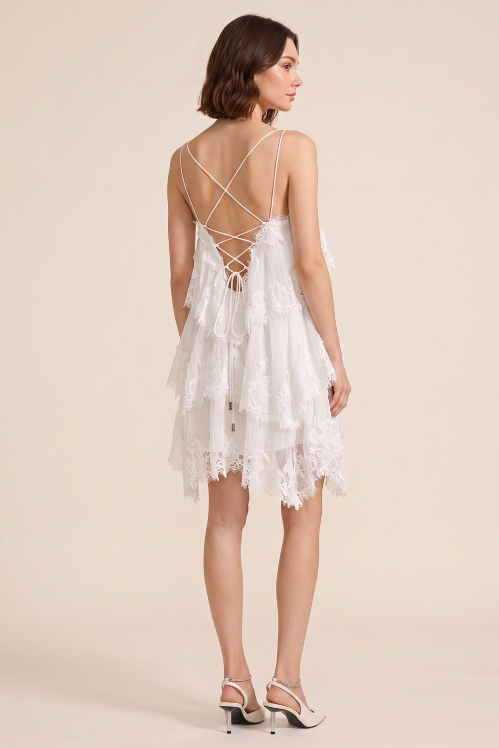 870e75efca255a27 WHITE LACE FRINGE ASYMMETRIC MINI DRESS
