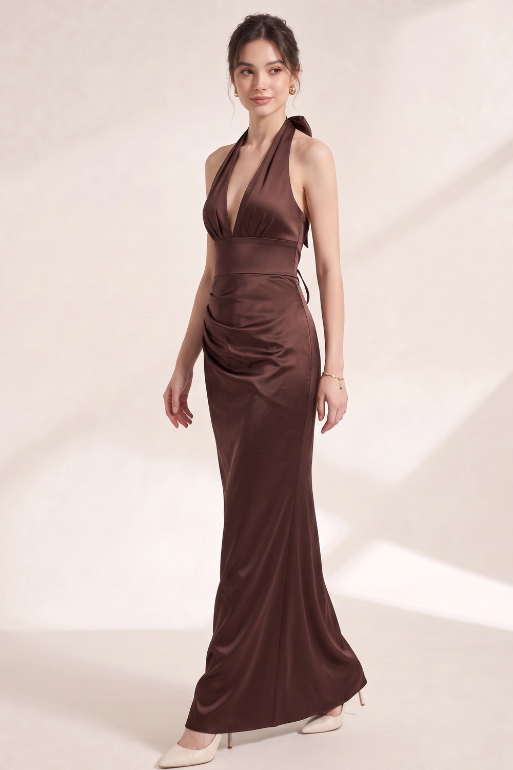 8746c872a95247a1 CHOCOLATE BROWN SATIN FITTED COLUMN GOWN