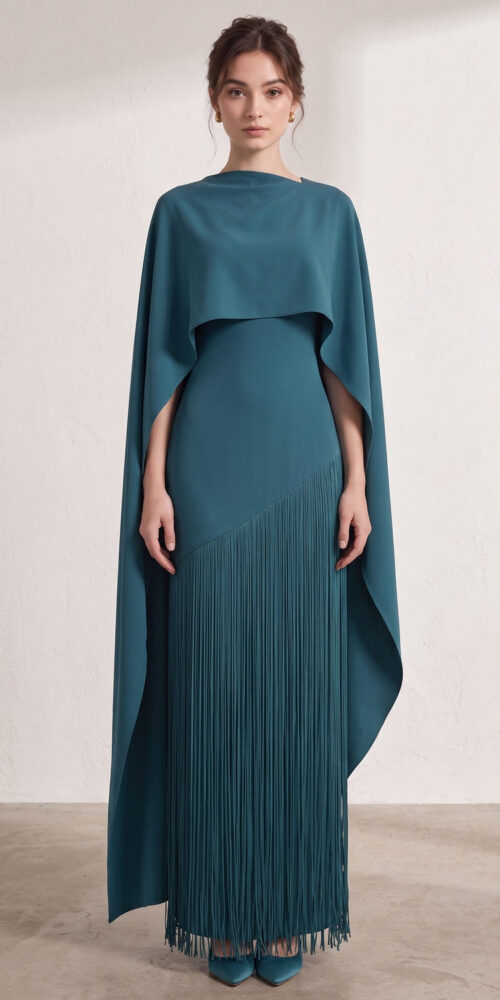 TEAL MATTE CREPE COLUMN GOWN ASYMMETRICAL CAPE EVENING