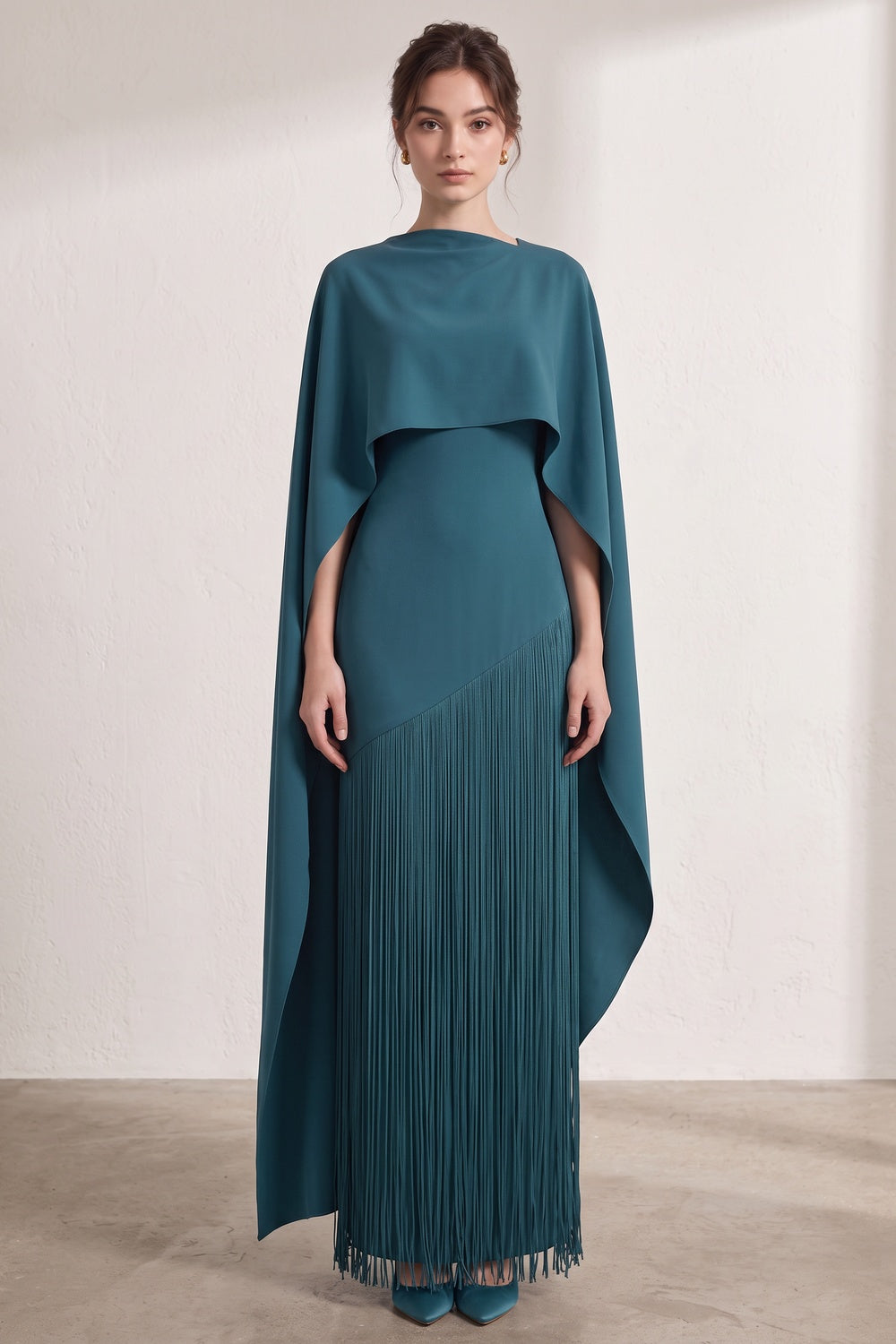 8764b675bd19d63c TEAL MATTE CREPE COLUMN GOWN ASYMMETRICAL CAPE EVENING