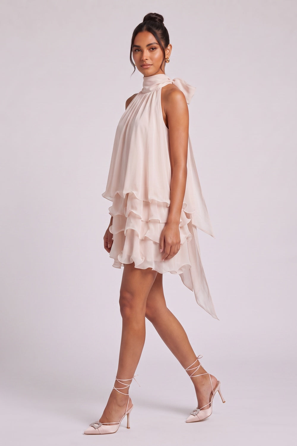 8778eb2a6a88b479 PALE PINK HALTER TIERED CHIFFON MINI DRESS