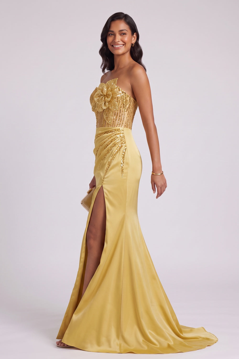 GOLD SEQUIN STRAPLESS MERMAID EVENING GOWN